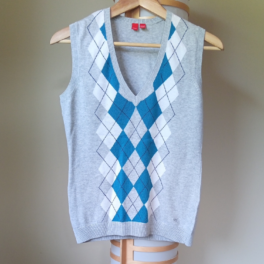 Ptp16"-18" Esprit Cotton Gray and Blue Argyle Plaid V-Neck Knit Sweater Vest